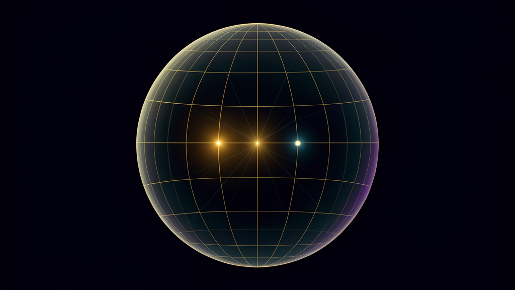 The vast Sun and the tiny Mercury as equal points of light on a single golden wireframe celestial sphere