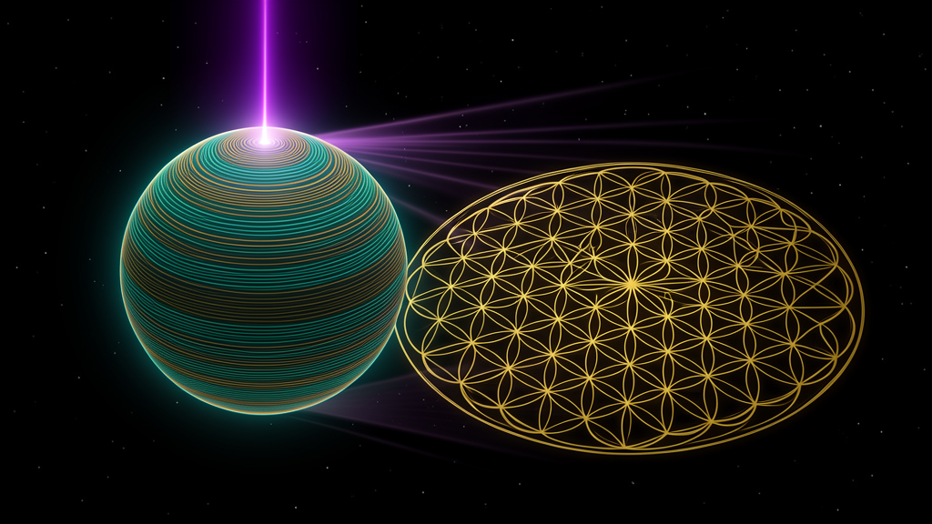 A glowing teal-and-gold sphere with a violet polar axis unfurling into a flat golden Flower of Life on deep black