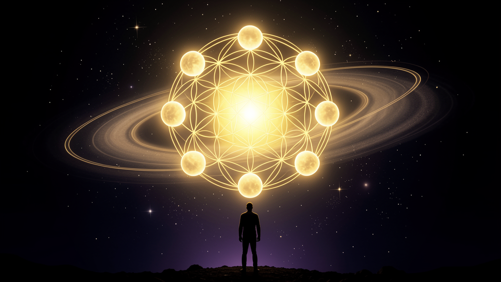 A lone figure stands on dark ground gazing up at a luminous three-dimensional Flower-of-Life sphere — twelve spheres of golden light around one central sun — the heliocentric cosmos and the dwelt-in standpoint held in a single image
