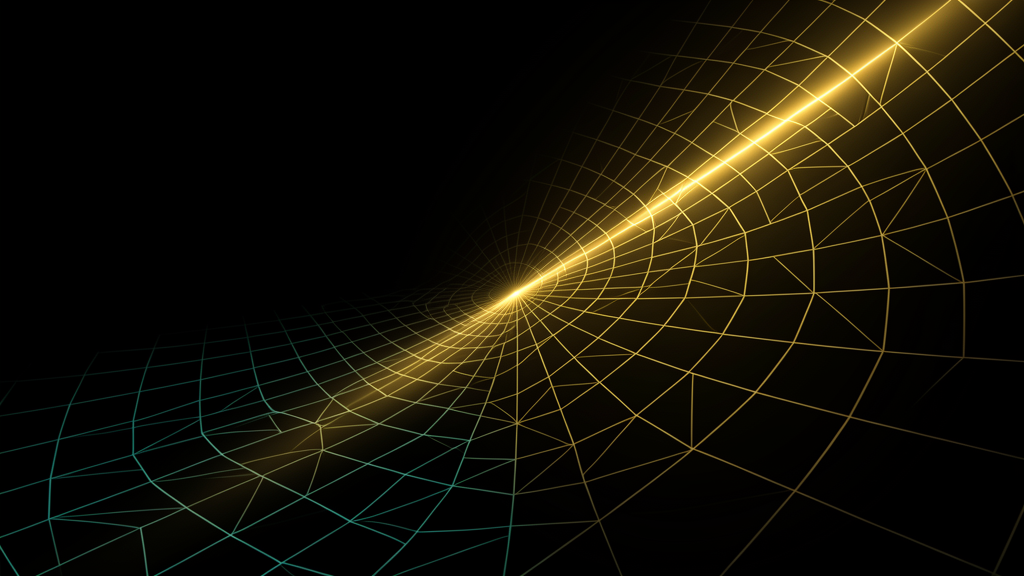 A beam of golden light traveling a curved path through a grid that transitions from structured teal squares into radiating gold angles, scale falling away — light as angle without scale.