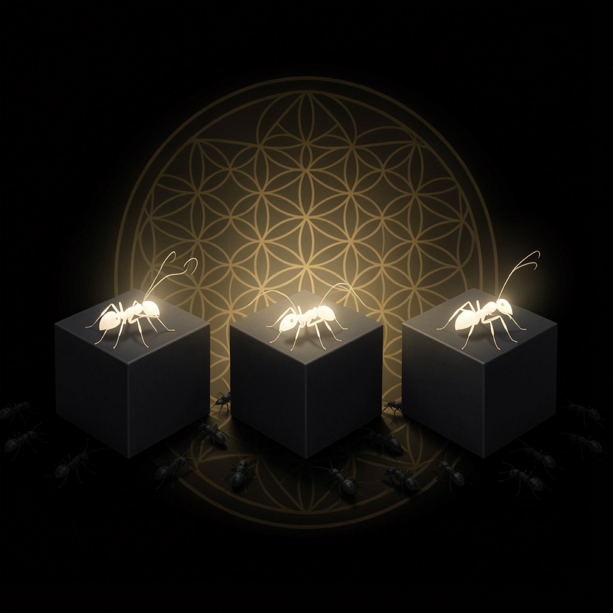Three dark boxes, a single luminous white ant emerging first from each, over a faint golden Flower of Life