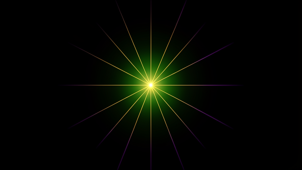 A bright golden hub of light at center with ten radiant phasor lines, some reinforcing into an emerald core, others fading into violet shadow