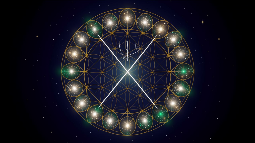 A ring of twenty-seven luminous star-clusters around a golden Flower-of-Life lattice, with two crossing silver axis lines at the center marking the lunar nodes
