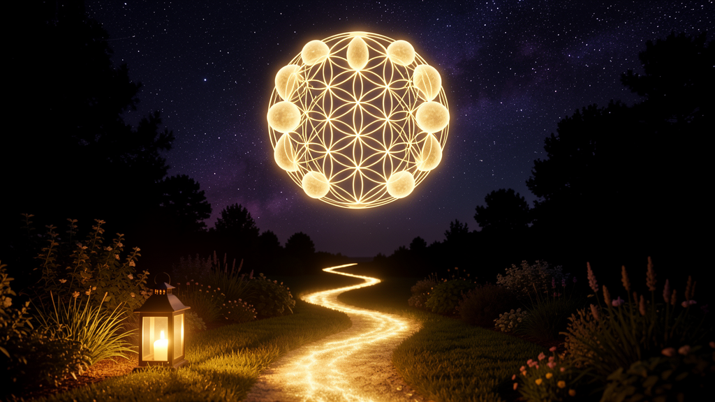 A golden path winding from a lantern-lit garden up toward a luminous Flower-of-Life sphere in a starlit sky