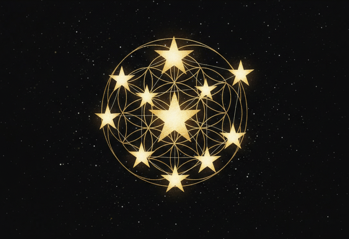 Nine gold stars gathered into a constellation over a glowing golden Flower of Life, on a deep black starfield