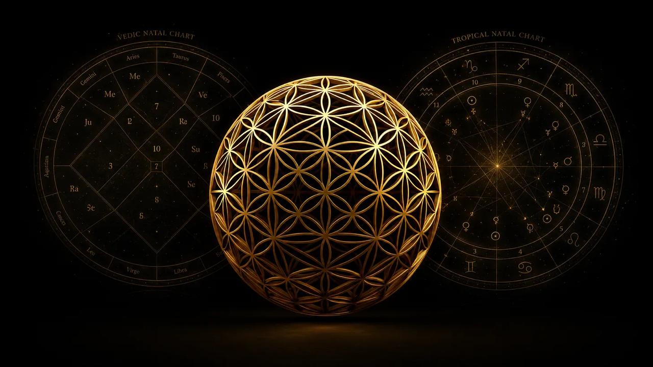 A golden Flower of Life sphere between a Vedic natal chart and a Tropical natal chart