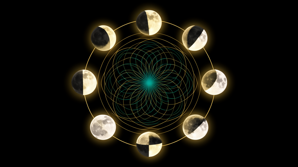 The eight lunar phases as a luminous gold ring around a central field-interference disc