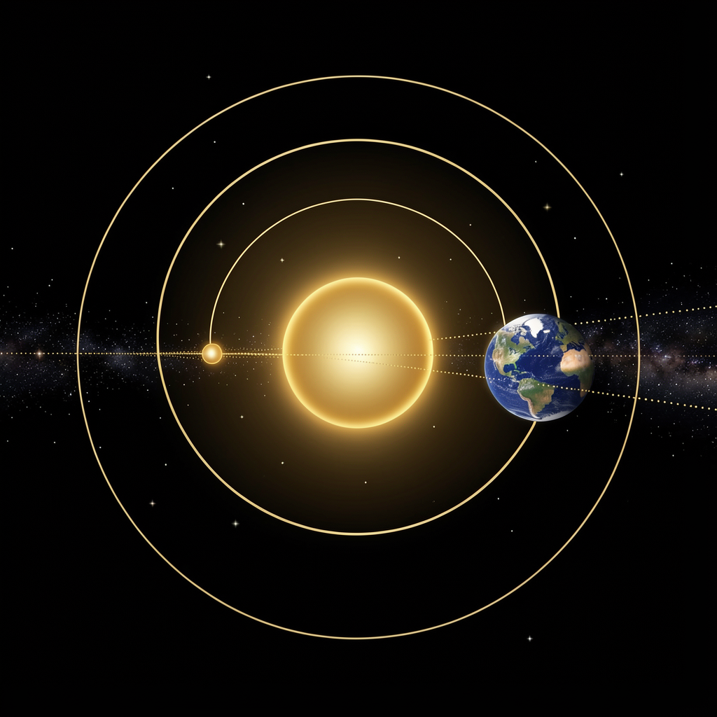 Orbital diagram: the Sun at center, Mercury on an inner orbit and Earth on an outer orbit, with a sight-line from Earth through Mercury to the background stars