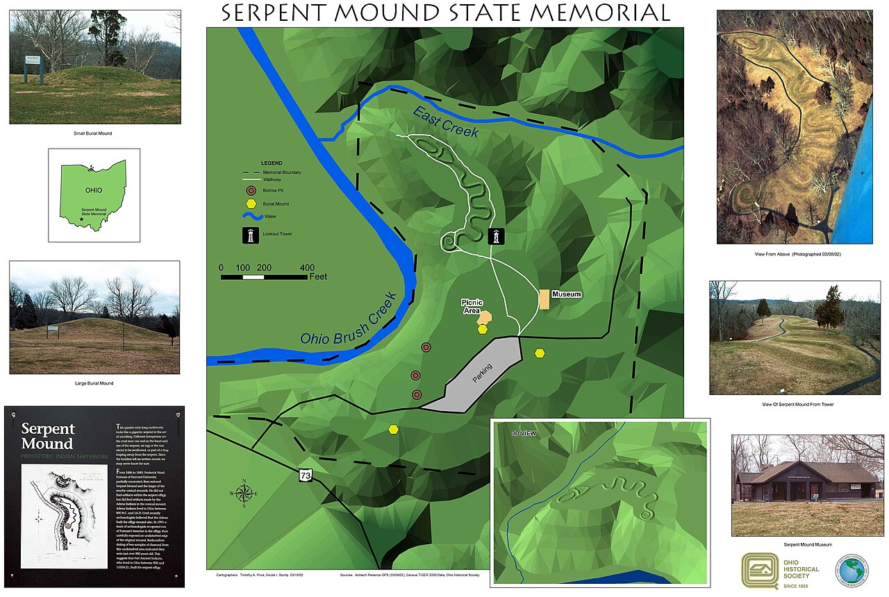 The Great Serpent Mound earthwork in Adams County, Ohio, coiling across a green ridge