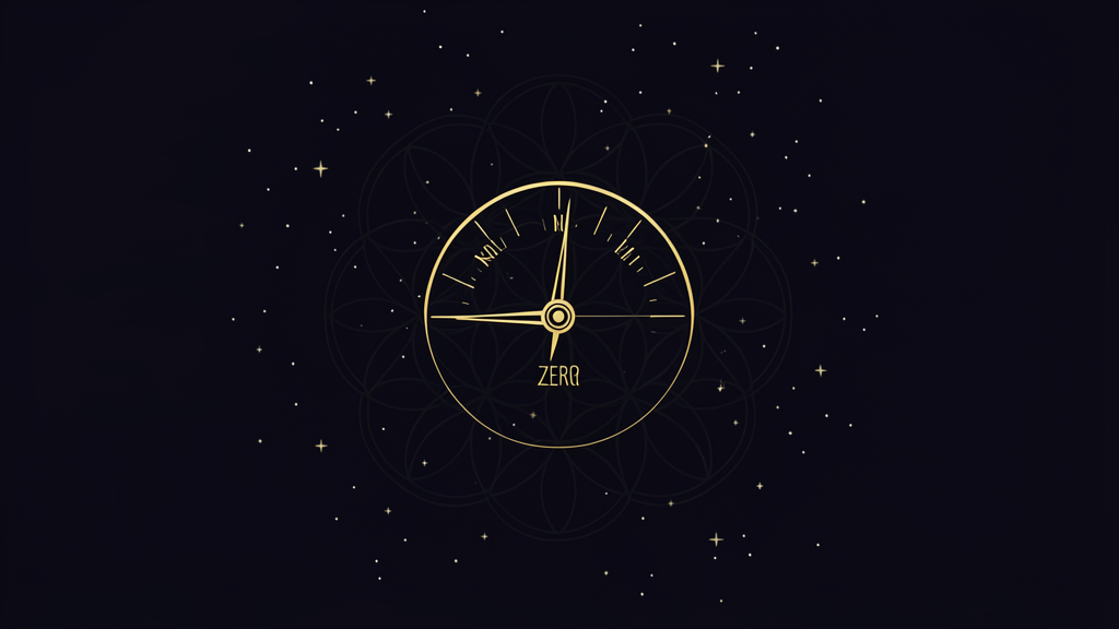 A golden instrument dial on deep black, its needle resting at ZERO against a faint Flower-of-Life lattice and scattered stars