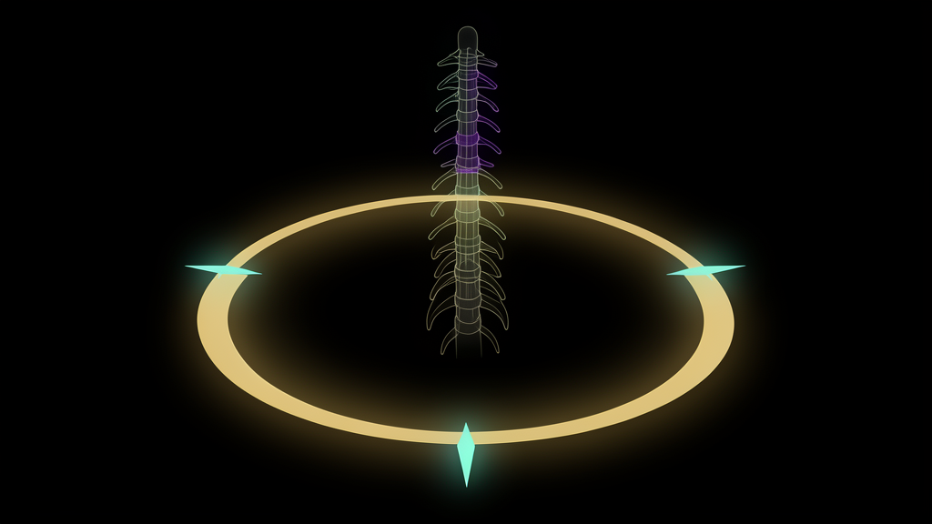 A luminous golden ecliptic ring with a faint structural spine rising through it, on deep black