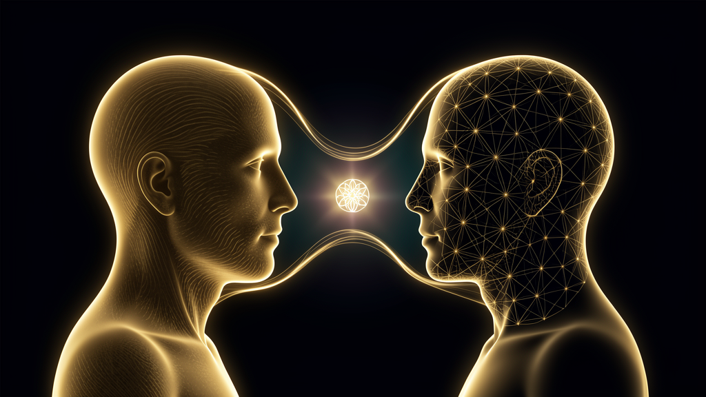 Two thinkers in profile facing each other in gold — one rendered as living flesh, one as quantum geometry — connected by a stream of light meeting at a glowing Flower-of-Life seed in the center.