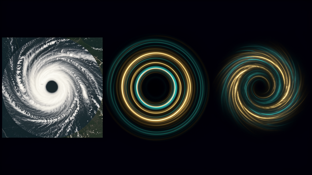 A hurricane, a ring vortex, and a spiral field vortex side by side — the same whirlpool structure at three scales