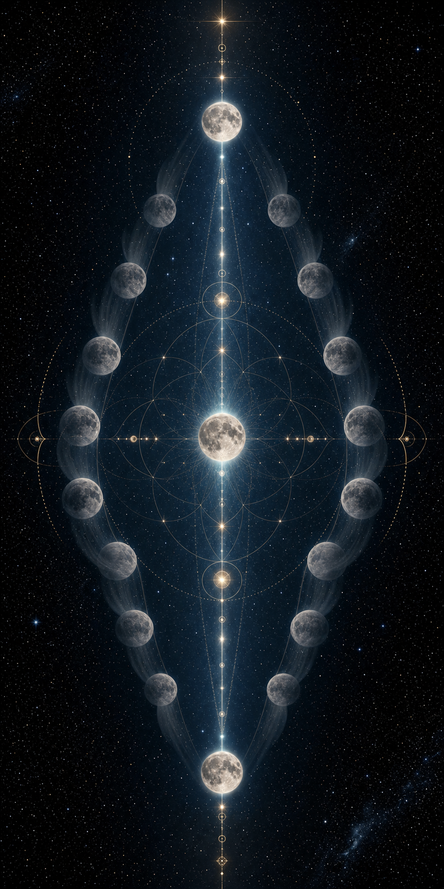 A vertical astrolabe-like mandala: a luminous full Moon at center on a starry sky, flanked by two mirrored columns of lunar phases, with a glowing gold axis and nodes running top to bottom