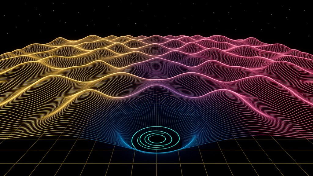 A 3D wave-interference terrain with gold and magenta peaks, deep blue valleys, and a single spiral vortex at a valley floor