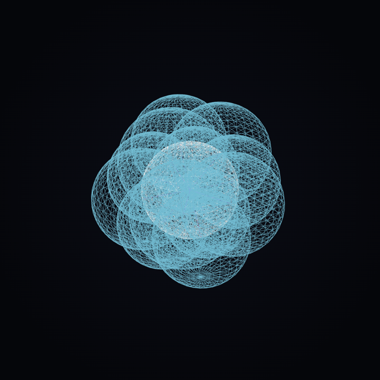 Scalar Flower poster — full 3D sphere packing, twelve spheres around one, the living chart form