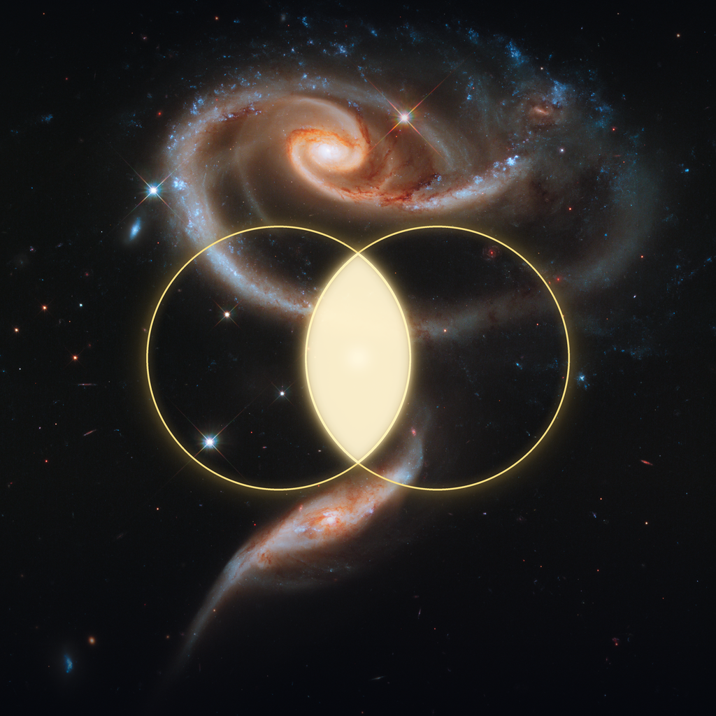 The Sacred Bond — two profiles meeting in a glowing vesica piscis over the interacting galaxies of Arp 273