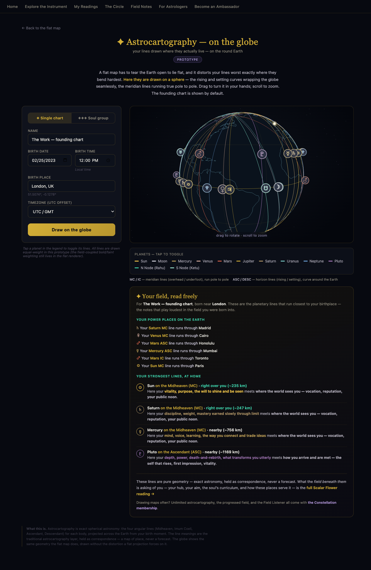 The astrocartography globe showing one chart's planetary lines wrapping a dark sphere, with planet glyphs riding each line, and a mini-reading below.