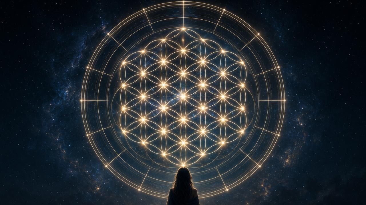 A figure standing before a luminous golden Flower of Life against the Milky Way, ringed by the wheel of the zodiac — the vision this work began from